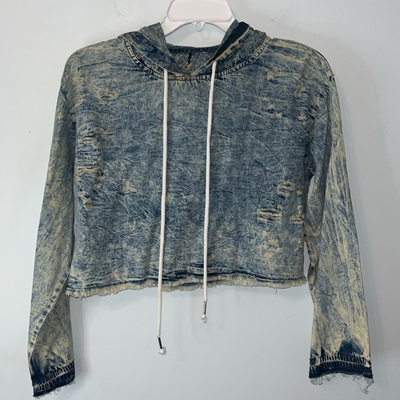 Thrill Tops - Thrill Jeans Hoodie Cropped Ripped Distressed Streetwear Y2K Stonewashed Size M